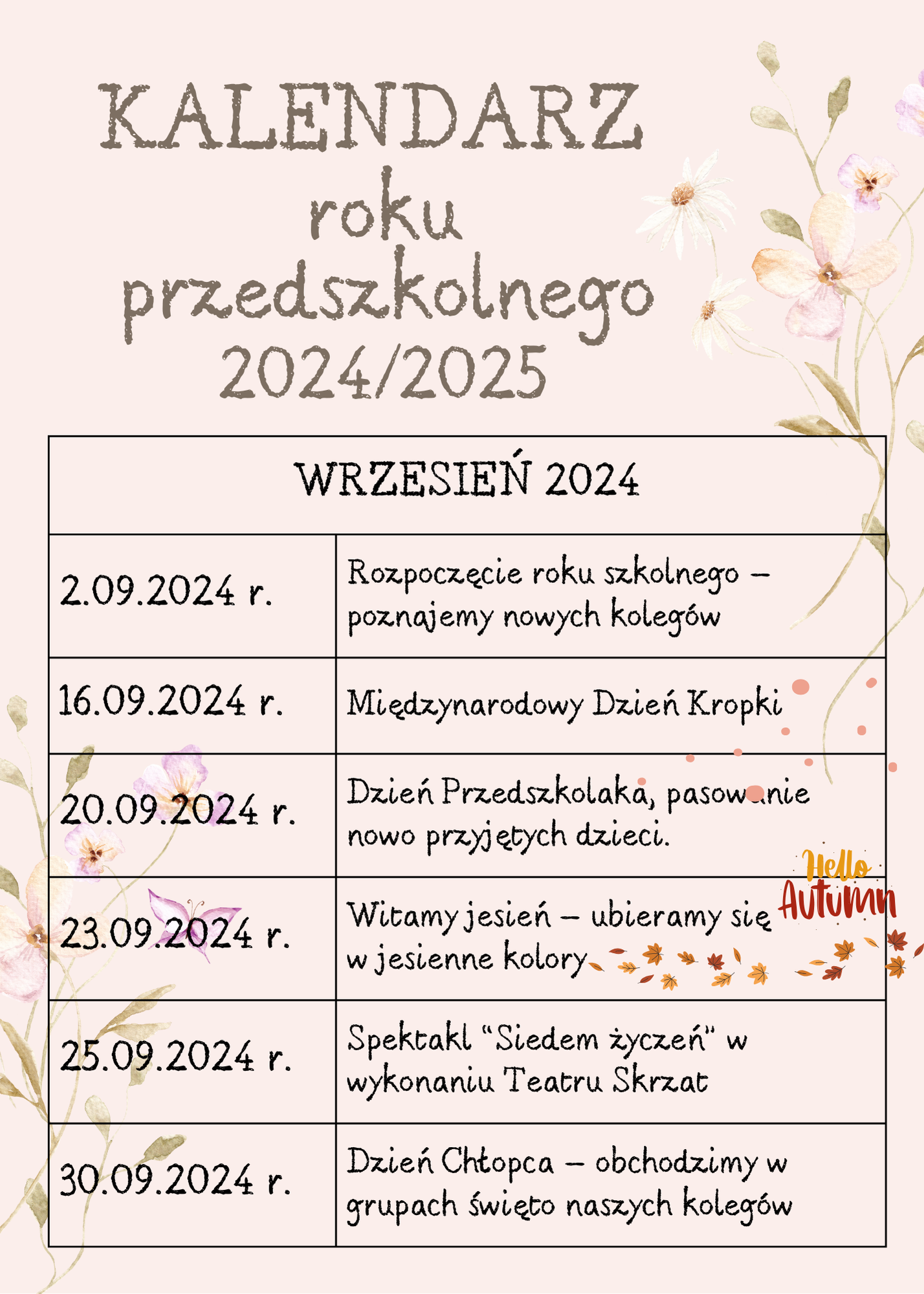 Kalendarz roku przedszkolnego - wrzesień 2024