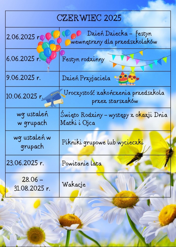 Kalendarz wydarzeń - czerwiec. 2.06 festyn wewnętrzny z okazji Dnia Dziecka; 6.06 festyn rodzinny; 9.06 Dzień Przyjaciela; 10.06 Pożegnanie starszaków; Święto Rodziny dla pozostałych grup; 23.06 powitanie lata