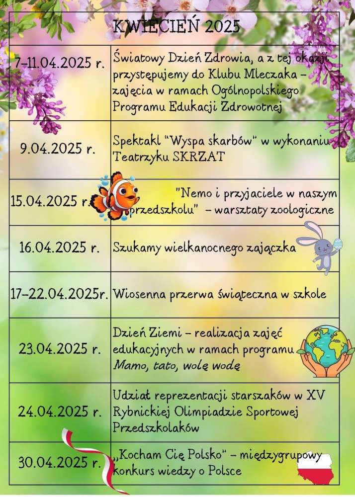 Kalendarz wydarzeń - kwiecień. 9.04 Spektakl “Wyspa skarbów”  15.04 Nemo i przyjaciele w naszym przedszkolu warsztaty zoologiczne 16.04 Szukamy wielkanocnego zajączka 23.04 Dzień Ziemi  30.03 Kocham Cię Polsko konkurs