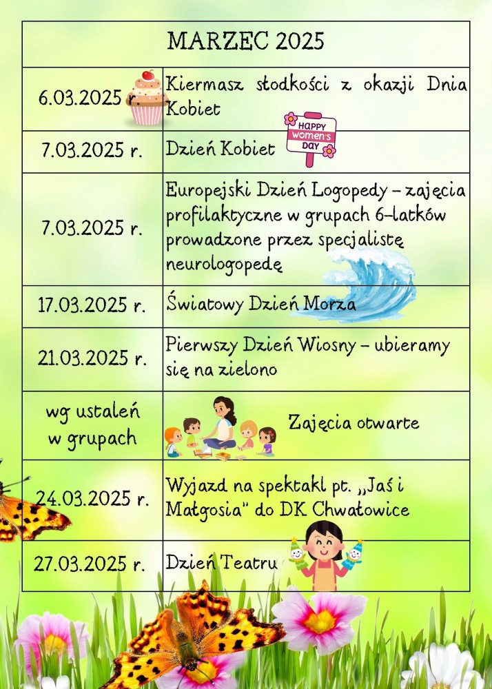 Kalendarz wydarzeń przedszkolnych - marzec. 6.03 Kiermasz słodkości z okazji Dnia Kobiet 7.03. Dzień Kobiet 7.03 Dzień Logopedy 17.03 Dzień Morza 21.03 Pierwszy Dzień Wiosny 24.03 Wyjazd do teatru 27.03 Dzień Teatru