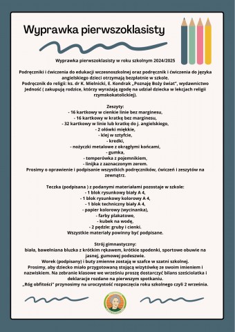 Na obrazku przedstawiono spis rzeczy do wyprawki pierwszoklasisty