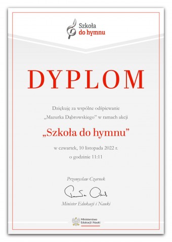 Dyplom za udział w akcji "Szkoła do hymnu"